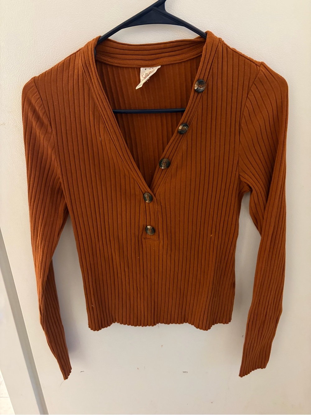 Self Esteem Ribbed Long-Sleeve Button V-Neck Top - Burnt Orange